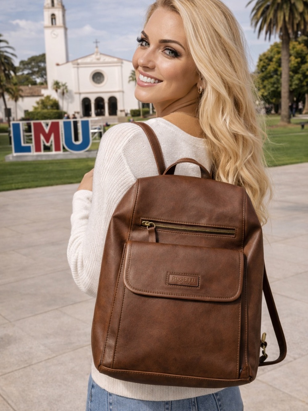 Rosetti Brown Faux-Leather Backpack for Men and Women - Picture 3 of 7